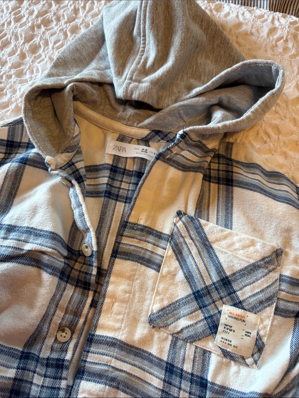 ZARA Kids Cream and Blue Plaid Hooded Flannel shirt